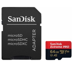 Slika izdelka: SanDisk Extreme PRO microSDXC 64GB + SD Adapter do 200MB/s & 90MB/sA2 C10 V30 UHS-I U3
