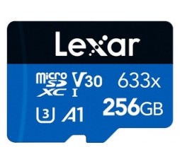 Slika izdelka: Spominska kartica Lexar High-Performance 633x, micro SDXC, 256GB, 100MB/s U3, V30, A1, UHS-I, z adapterjem