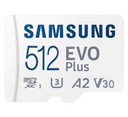Slika izdelka: Spominska kartica Samsung EVO Plus, micro SDXC, 512GB, U3, V30, A2, UHS-I, z SD adapterjem