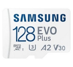Slika izdelka: Spominska kartica Samsung EVO Plus, micro SDXC, 128GB, U3, V30, A2, UHS-I, z SD adapterjem