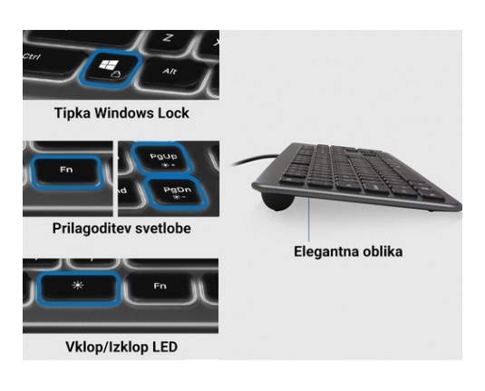 Ewent ew3271 | osvetljena žična scissor tipkovnica | usb | slovenska postavitev | črna | tipkovnica 3 Ewent ew3271 tipkovnica - prikaz funkcij, windows lock in nastavitve osvetlitve